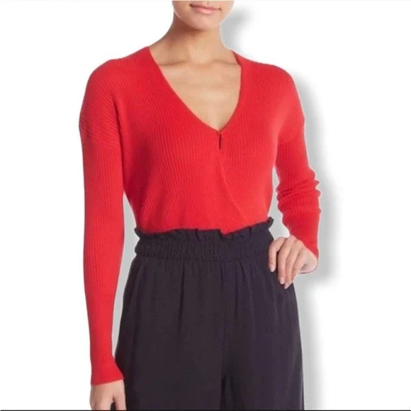 Elodie Women's Red Ribbed Knit Surplice Neck Long Sleeve Pullover Top sz S - Picture 1 of 4